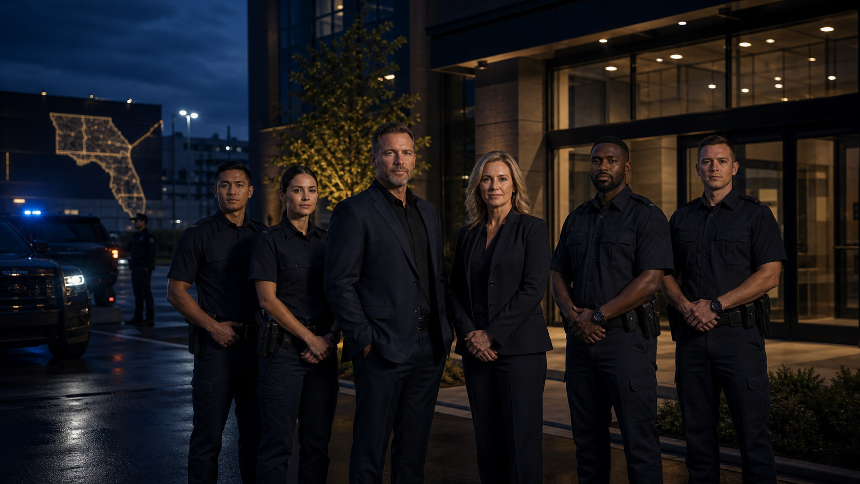 Professional Parker Security leadership and security officers outside a modern commercial facility