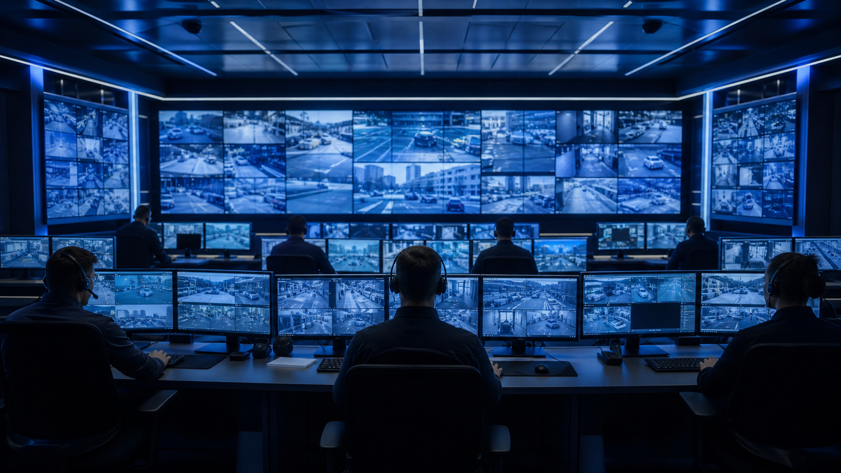 Security monitoring command center with multiple CCTV screens