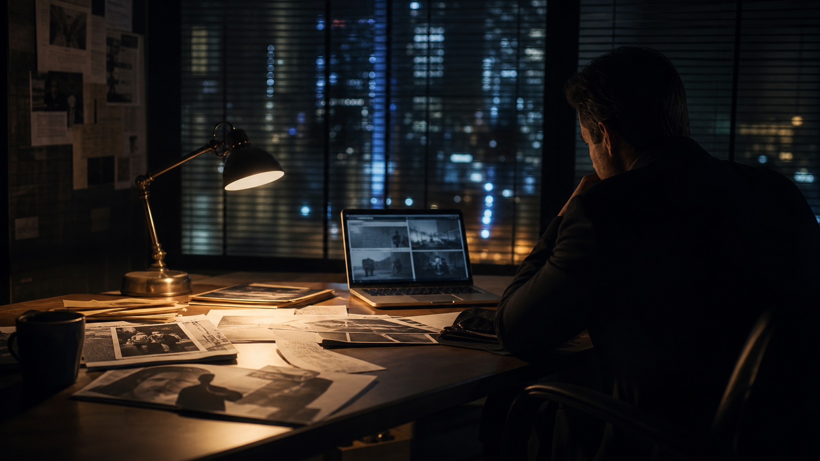 Private investigator reviewing case files and surveillance evidence at night