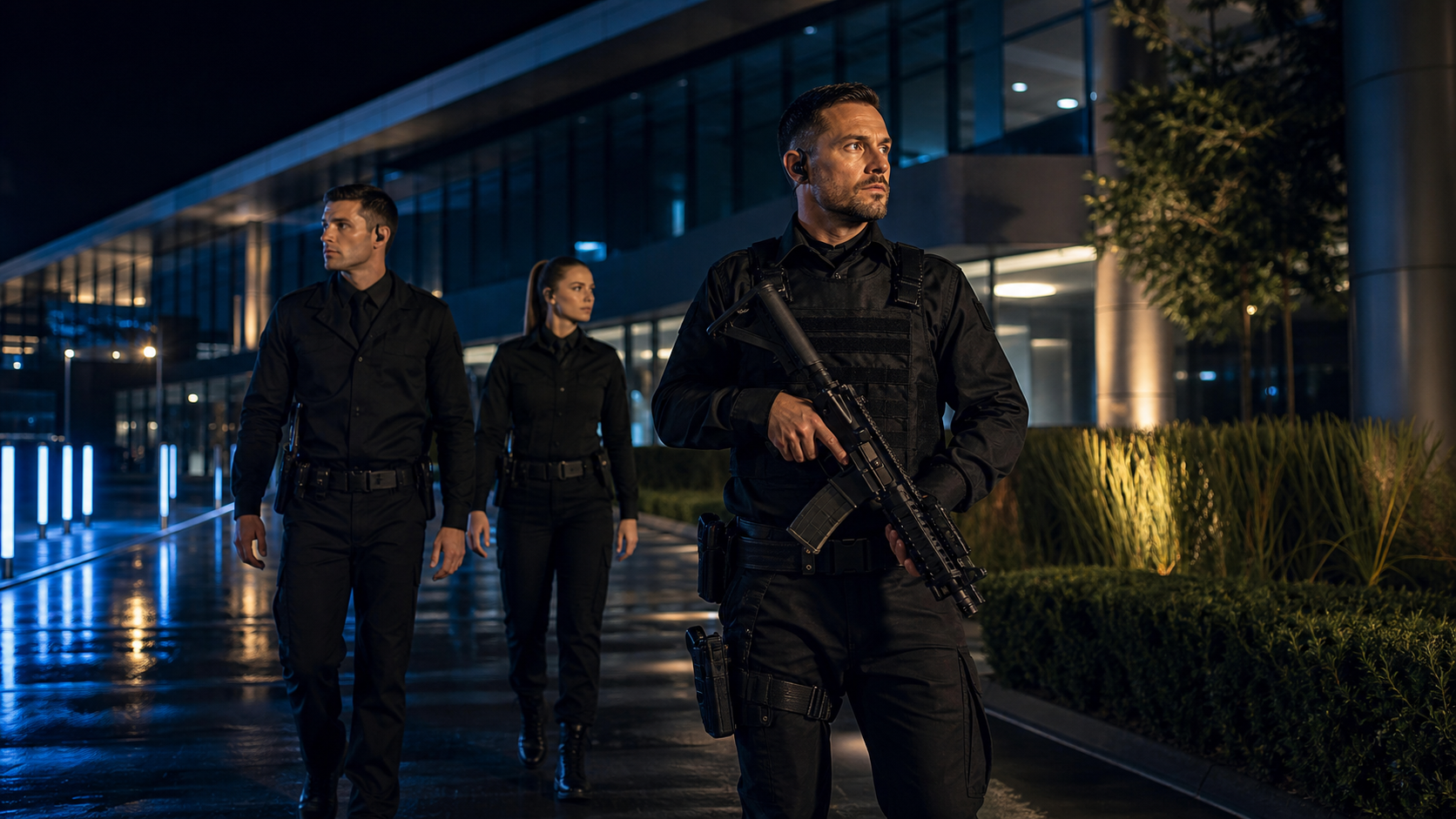 Professional private security officers patrolling a modern commercial facility at night